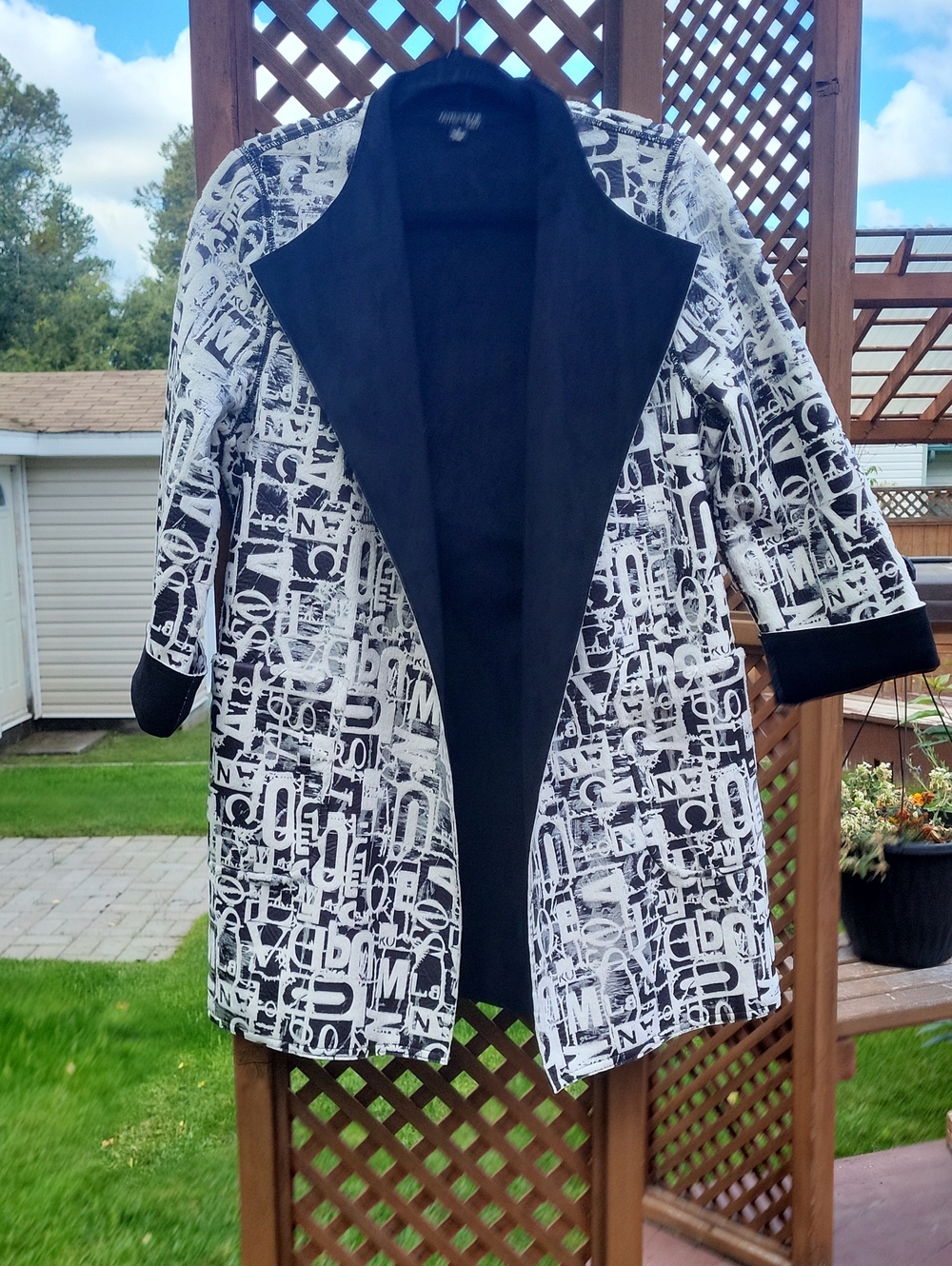 Vintage Black & White Graphic Trench Coat with Black Contrast Lapel